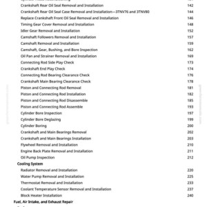 May include: A page from a greenfarmmanuals.com manual, listing engine repair procedures. Procedures include cylinder head, crankshaft, and fuel system repairs. The page has a white background with black text and a numbered list.