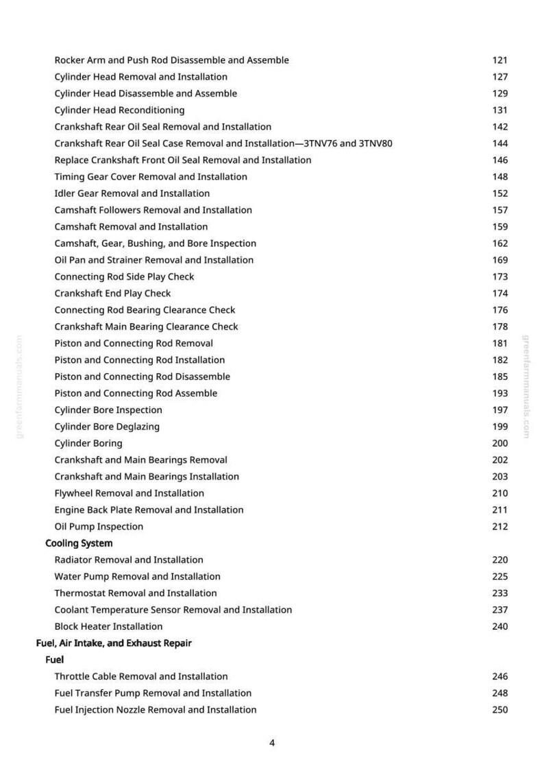 May include: A page from a greenfarmmanuals.com manual, listing engine repair procedures. Procedures include cylinder head, crankshaft, and fuel system repairs. The page has a white background with black text and a numbered list.