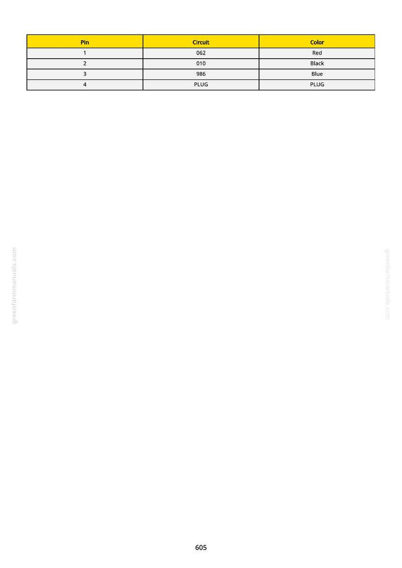 May include: A table with three columns: Pin, Circuit, and Color. The table shows the following data: Pin 1, Circuit 062, Color Red; Pin 2, Circuit 010, Color Black; Pin 3, Circuit 986, Color Blue; Pin 4, Circuit PLUG, Color PLUG.