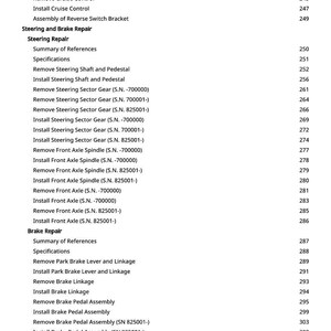 May include: A page from a manual with a list of procedures for vehicle repair, including steering, brakes, and axle components. The text is black on a white background, with page numbers on the right.
