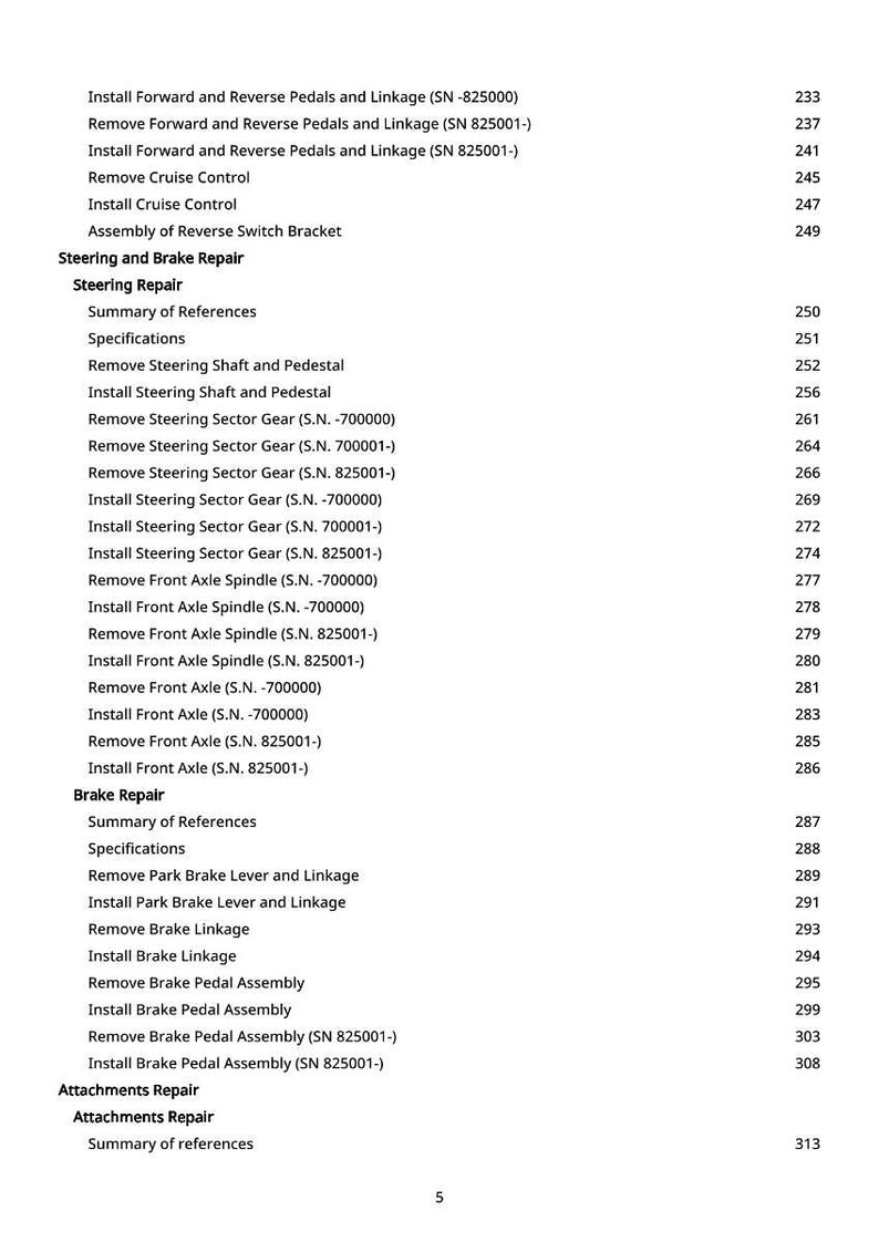 May include: A page from a manual with a list of procedures for vehicle repair, including steering, brakes, and axle components. The text is black on a white background, with page numbers on the right.