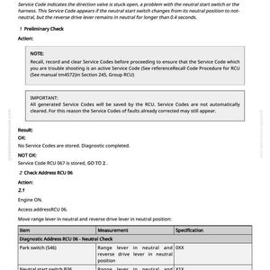 May include: A page from a manual with the title "RCU 067 - Neutral Start Switch Indicates Not-Neutral without Cause." The text describes service codes, preliminary checks, and diagnostic procedures. Includes a table with diagnostic items and specifications.