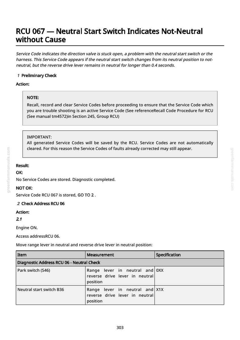 May include: A page from a manual with the title "RCU 067 - Neutral Start Switch Indicates Not-Neutral without Cause." The text describes service codes, preliminary checks, and diagnostic procedures. Includes a table with diagnostic items and specifications.