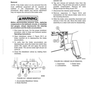 May include: A technical diagram from a manual detailing the removal and installation of a brake valve. The image includes diagrams of brake manifolds and valve removal, with labels and numbered components for clarity. Text includes warnings and instructions.