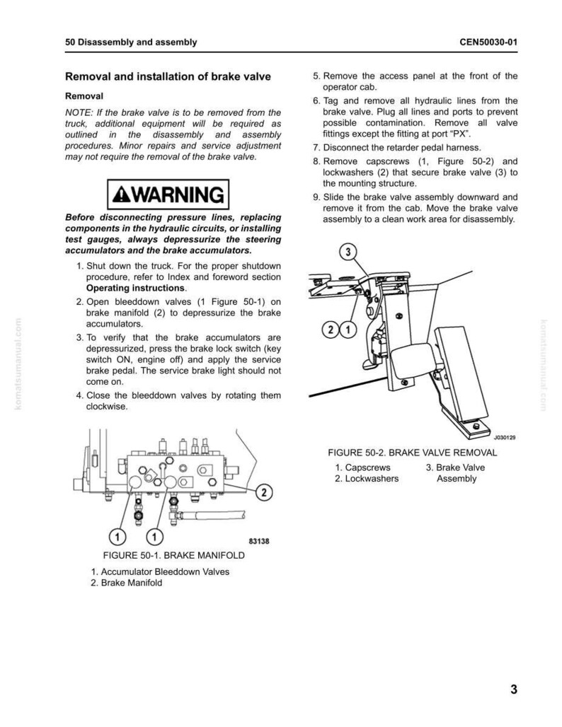May include: A technical diagram from a manual detailing the removal and installation of a brake valve. The image includes diagrams of brake manifolds and valve removal, with labels and numbered components for clarity. Text includes warnings and instructions.