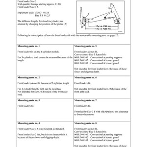 May include: Technical diagram with text detailing front loader compatibility. Includes a schematic of a front loader with measurements of 1125 mm and 1255 mm. The document lists mounting parts and their compatibility with different cylinder models.