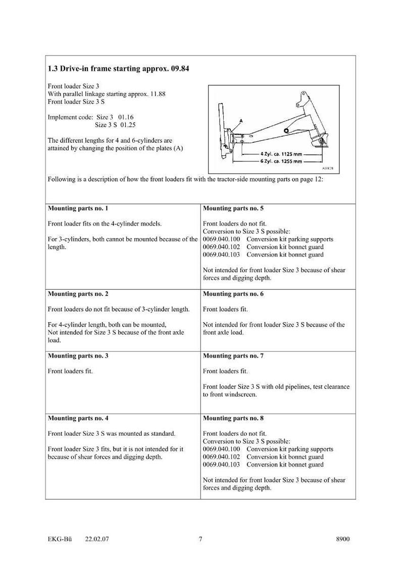 May include: Technical diagram with text detailing front loader compatibility. Includes a schematic of a front loader with measurements of 1125 mm and 1255 mm. The document lists mounting parts and their compatibility with different cylinder models.