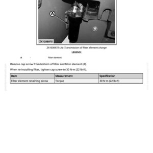May include: Diagram illustrating transmission oil filter element removal and installation. The image includes a close-up of the filter element, labeled with the number "A", and a table with tightening specifications. The text includes the part number ZX1036975.