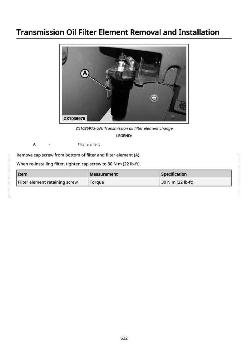 May include: Diagram illustrating transmission oil filter element removal and installation. The image includes a close-up of the filter element, labeled with the number "A", and a table with tightening specifications. The text includes the part number ZX1036975.