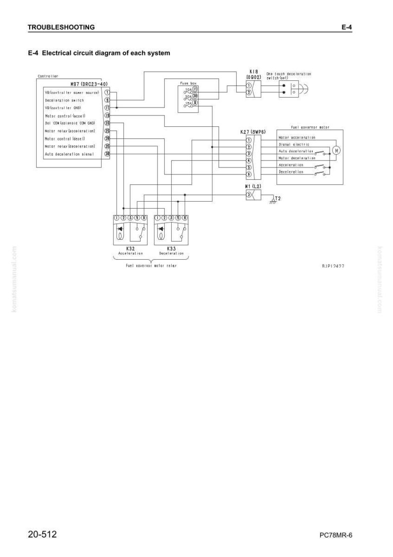 May include: An electrical circuit diagram, labeled E-4, showing the system's components. The diagram includes a controller, fuse box, and fuel governor motor, with various relays and switches. Text includes "Troubleshooting" and "Electrical circuit diagram".