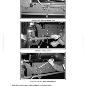 May include: Black and white diagram showing steps for machinery maintenance. The image includes close-ups of mechanical components with arrows pointing to specific parts, such as steering cylinder nuts, tie rod bolt, and four-wheel drive axle nuts. Text labels identify each part.