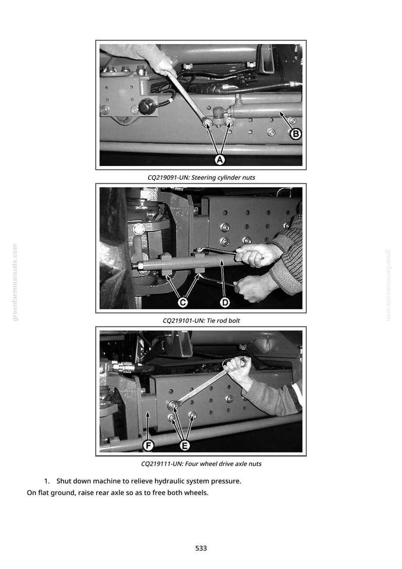 May include: Black and white diagram showing steps for machinery maintenance. The image includes close-ups of mechanical components with arrows pointing to specific parts, such as steering cylinder nuts, tie rod bolt, and four-wheel drive axle nuts. Text labels identify each part.