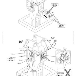 May include: Technical diagram of a Komatsu JMBH670V-1 machine. The diagram includes measurements in inches and foot-pounds, along with labels for HP, LP, and various components like P-oil and P-grease. The image also features the Komatsu logo.