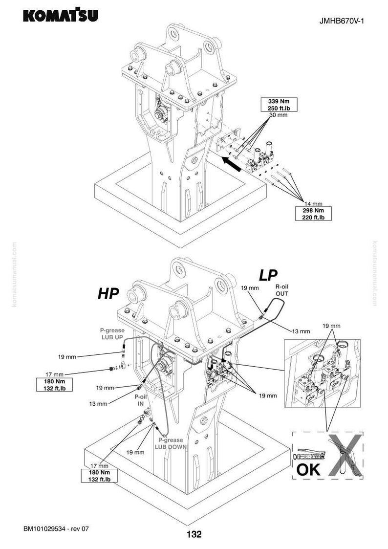 May include: Technical diagram of a Komatsu JMBH670V-1 machine. The diagram includes measurements in inches and foot-pounds, along with labels for HP, LP, and various components like P-oil and P-grease. The image also features the Komatsu logo.
