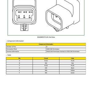 May include: Technical diagram of an electrical component, featuring a connector with six pins. The image includes a detailed end view and a table with pin, circuit, and color information. Text includes "RXA0085572-UN: End View".