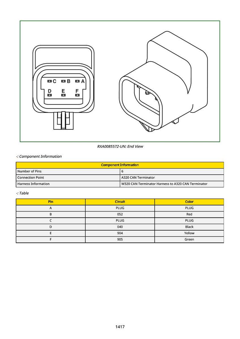 May include: Technical diagram of an electrical component, featuring a connector with six pins. The image includes a detailed end view and a table with pin, circuit, and color information. Text includes "RXA0085572-UN: End View".