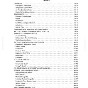 K&ouml;nnte beinhalten: Eine wei&szlig;e Seite mit der &Uuml;berschrift "SECTION N4 HEATER / AIR CONDITIONER INDEX" oben. Die Seite enth&auml;lt eine Liste von Komponenten und Systemen im Zusammenhang mit Klimaanlagen, einschlie&szlig;lich "Fan Speed Control Knob" und "Compressor (Refrigerant Pump)."