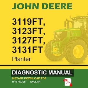 K&ouml;nnte beinhalten: Ein John Deere Diagnosehandbuch-Cover mit einem gr&uuml;nen Traktor auf gelbem Hintergrund. Der Text enth&auml;lt "JOHN DEERE", Modellnummern und "Planter". Der untere Abschnitt lautet "DIAGNOSTIC MANUAL" und "INSTANT DOWNLOAD PDF".