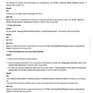 May include: A page from a manual with troubleshooting steps for a steering wheel position sensor. The text includes instructions for checking connections, circuits, and potential faults, with references to specific sections and groups.
