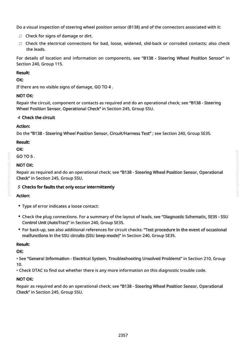 May include: A page from a manual with troubleshooting steps for a steering wheel position sensor. The text includes instructions for checking connections, circuits, and potential faults, with references to specific sections and groups.