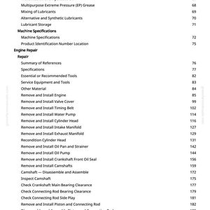 May include: A page from a manual with a table of contents for engine repair. The text includes topics like "Gasoline Engine Oil", "Remove and Install Engine", and "Inspect Camshaft". The page number is 3.