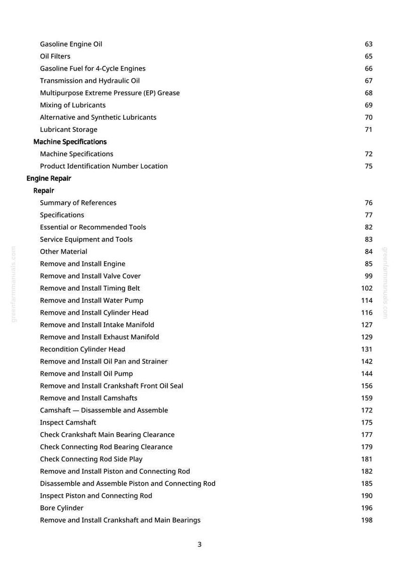 May include: A page from a manual with a table of contents for engine repair. The text includes topics like "Gasoline Engine Oil", "Remove and Install Engine", and "Inspect Camshaft". The page number is 3.