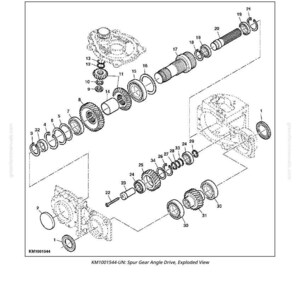 May include: An exploded view diagram of a spur gear angle drive, showing various mechanical components. The diagram includes gears, bearings, and shafts, with labels for each part. The image is in black and white.