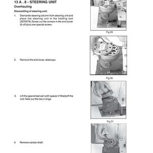 Puede incluir: Una p&aacute;gina de un manual de servicio de taller que detalla el desmontaje de una unidad de direcci&oacute;n. El manual incluye diagramas e instrucciones para quitar componentes como la columna de direcci&oacute;n, la tapa del extremo, el juego de engranajes y el eje card&aacute;n. El manual es para veh&iacute;culos MF 2625(2WD/4WD).