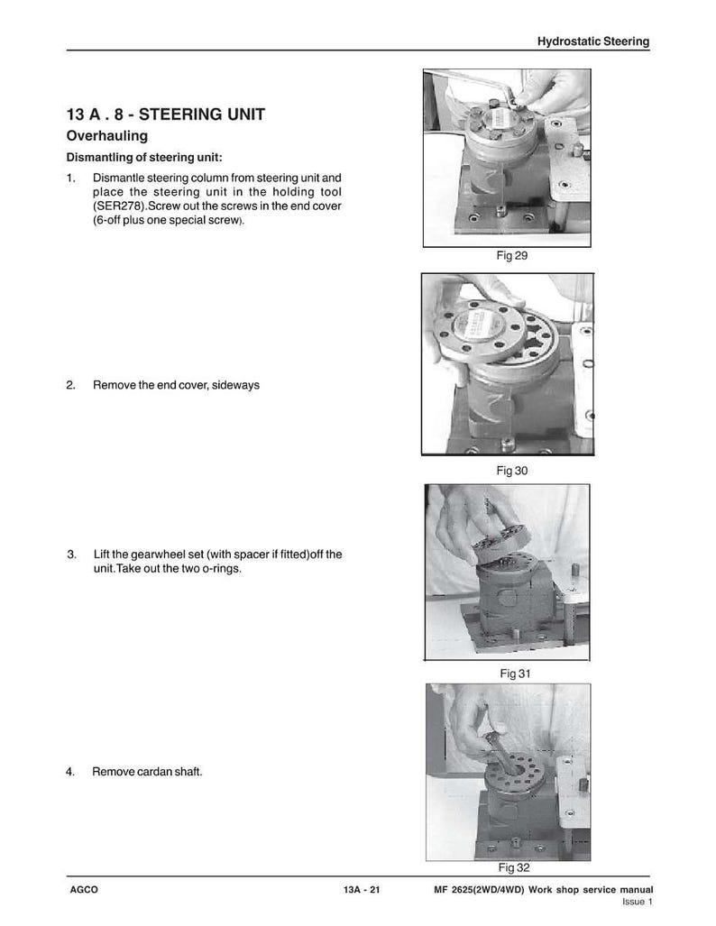 Puede incluir: Una p&aacute;gina de un manual de servicio de taller que detalla el desmontaje de una unidad de direcci&oacute;n. El manual incluye diagramas e instrucciones para quitar componentes como la columna de direcci&oacute;n, la tapa del extremo, el juego de engranajes y el eje card&aacute;n. El manual es para veh&iacute;culos MF 2625(2WD/4WD).