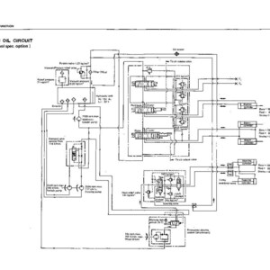 May include: A detailed schematic diagram of a hydraulic oil circuit, with text labels and symbols. The diagram includes various components such as valves, pumps, and filters, connected by lines. The title "HYDRAULIC OIL CIRCUIT" is at the top.