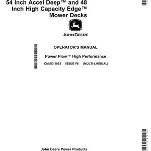 Puede incluir: Un manual del operador blanco para plataformas de corte John Deere Power Flow High Performance. El manual cubre plataformas Accel Deep de 122 cm y 137 cm y plataformas High Capacity Edge de 122 cm. El logotipo de John Deere es visible.