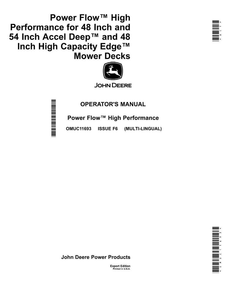 Puede incluir: Un manual del operador blanco para plataformas de corte John Deere Power Flow High Performance. El manual cubre plataformas Accel Deep de 122 cm y 137 cm y plataformas High Capacity Edge de 122 cm. El logotipo de John Deere es visible.