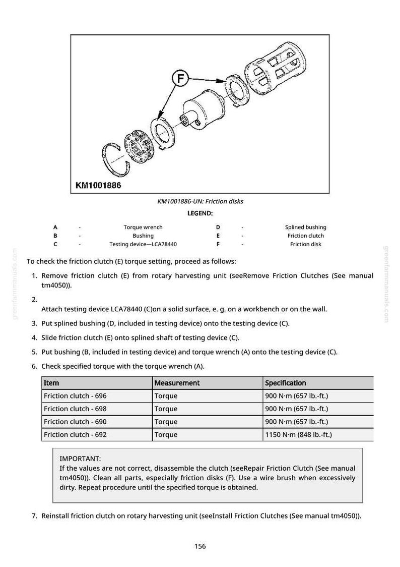 May include: Diagram of disassembled friction disks, with labels and a legend. Includes a torque wrench, bushing, and testing device. Specifications for friction clutches are listed, with torque measurements in N&middot;m.