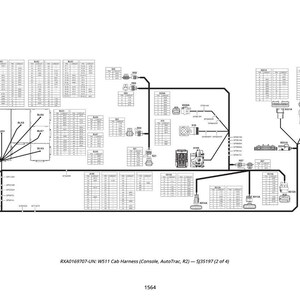 May include: A detailed black and white diagram of an electrical system, featuring numerous tables, lines, and connectors. The diagram includes text labels and is labeled "RXA0169707-UN: WS11 Cab Harness (Console, AutoTrac, R2) - SJ35197 (2 of 4)" and the number "1564".