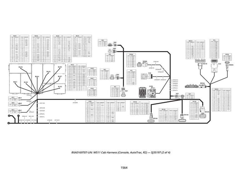 May include: A detailed black and white diagram of an electrical system, featuring numerous tables, lines, and connectors. The diagram includes text labels and is labeled "RXA0169707-UN: WS11 Cab Harness (Console, AutoTrac, R2) - SJ35197 (2 of 4)" and the number "1564".