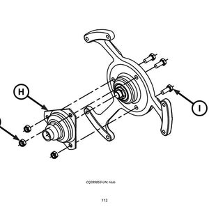 May include: Line drawing of a hub assembly with multiple components. The assembly includes a central circular piece, a rectangular piece, and several bolts. Dashed lines indicate connections between parts. The image is labeled "CQ289853-UN: Hub".