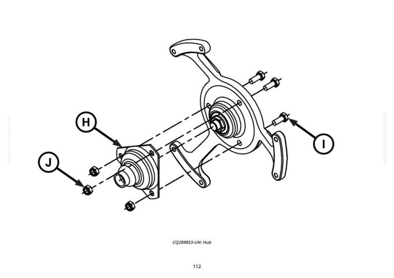 May include: Line drawing of a hub assembly with multiple components. The assembly includes a central circular piece, a rectangular piece, and several bolts. Dashed lines indicate connections between parts. The image is labeled "CQ289853-UN: Hub".