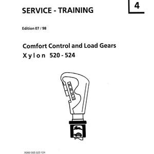 May include: A white page with the FENDT logo and text: SERVICE - TRAINING. The text "Comfort Control and Load Gears Xylon 520-524" is also visible. A diagram of a gear shift lever is in the center. The number 4 is in the upper right corner.