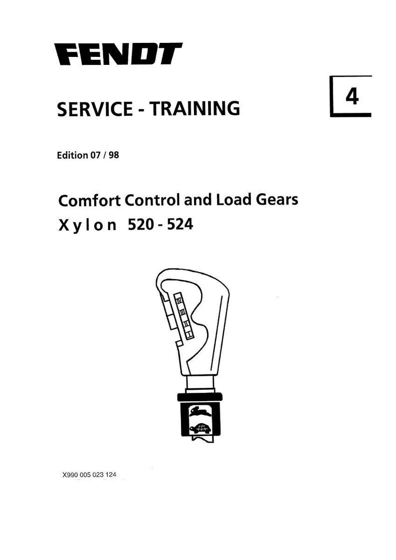 May include: A white page with the FENDT logo and text: SERVICE - TRAINING. The text "Comfort Control and Load Gears Xylon 520-524" is also visible. A diagram of a gear shift lever is in the center. The number 4 is in the upper right corner.