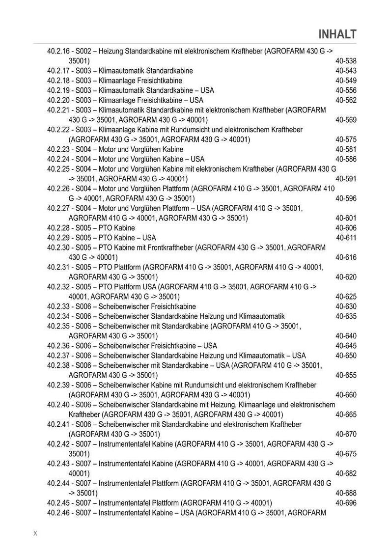 May include: A page titled "INHALT" (Contents) with a list of tractor parts and features, including heating, air conditioning, and various cabin options. The list includes part numbers and model specifications.