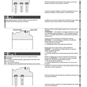 May include: Diagram of a steering cylinder assembly with labels for scraper ring, seal ring, and guide ring. Instructions in English detail the installation of sealing rings and backup rings, with warnings about grease application and correct positioning.