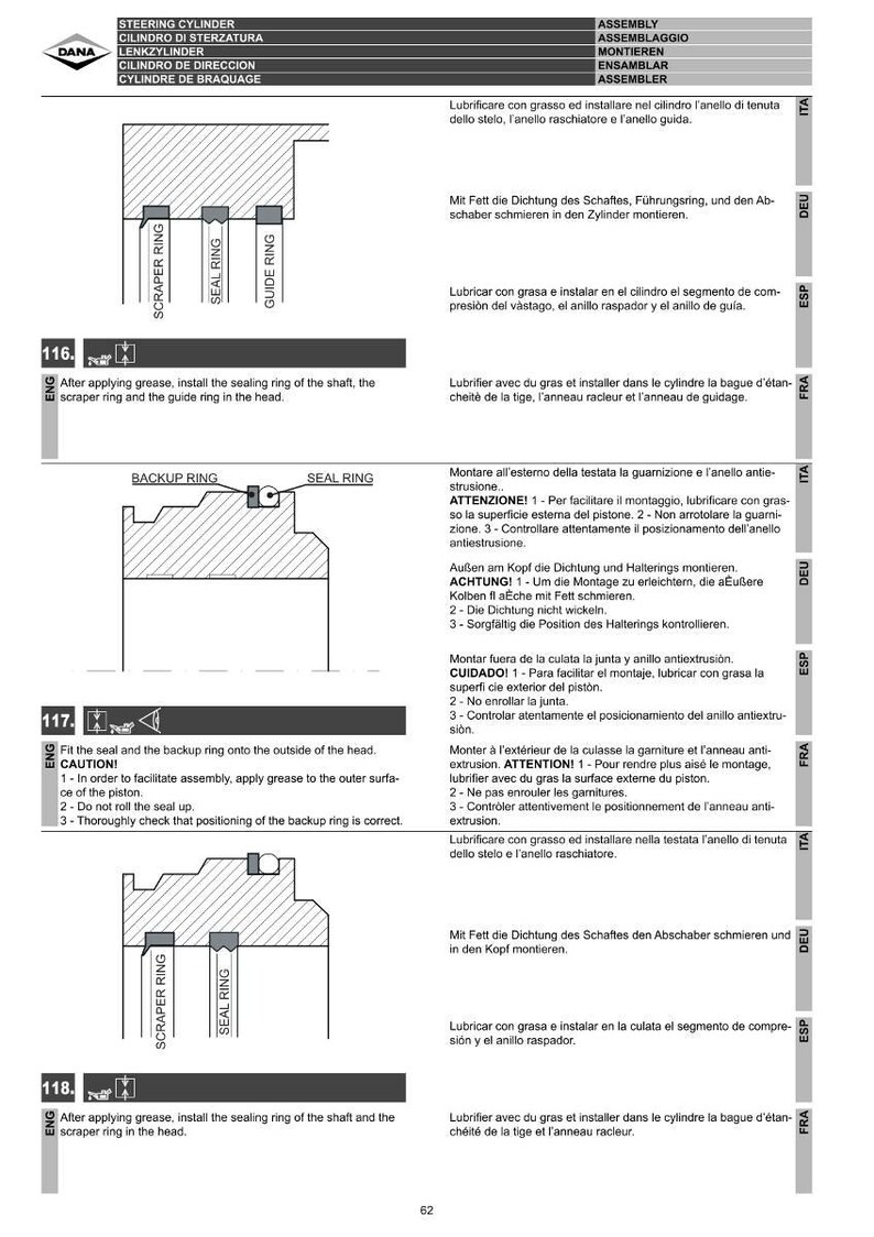 May include: Diagram of a steering cylinder assembly with labels for scraper ring, seal ring, and guide ring. Instructions in English detail the installation of sealing rings and backup rings, with warnings about grease application and correct positioning.