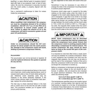 May include: A page from a manual detailing compressor, accumulator, and clutch components. Includes safety warnings and technical specifications, such as oil levels and electrical resistance in Ohms at specific temperatures.