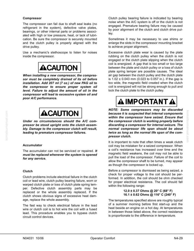 May include: A page from a manual detailing compressor, accumulator, and clutch components. Includes safety warnings and technical specifications, such as oil levels and electrical resistance in Ohms at specific temperatures.