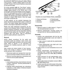 May include: Diagram of an electronic pedal assembly with labeled components: clamp and screws, harness, grommet, potentiometer, mounting screws, and cover. Instructions for disassembly and assembly are included.