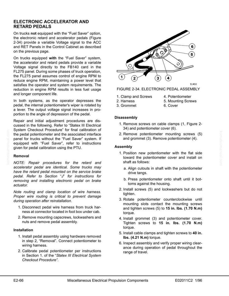 May include: Diagram of an electronic pedal assembly with labeled components: clamp and screws, harness, grommet, potentiometer, mounting screws, and cover. Instructions for disassembly and assembly are included.