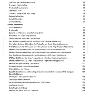 May include: A page from a manual with a list of safety and maintenance topics, including "Work in Ventilated Area" and "Use Proper Tools." The text is black on a white background, with page numbers on the right.