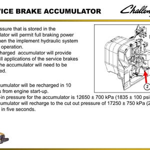 Op de afbeelding: Diagram van een service-remaccumulator met de tekst "SERVICE BRAKE ACCUMULATOR". De afbeelding toont technische details en drukmetingen in kPa en psi, met het Challenger-logo.