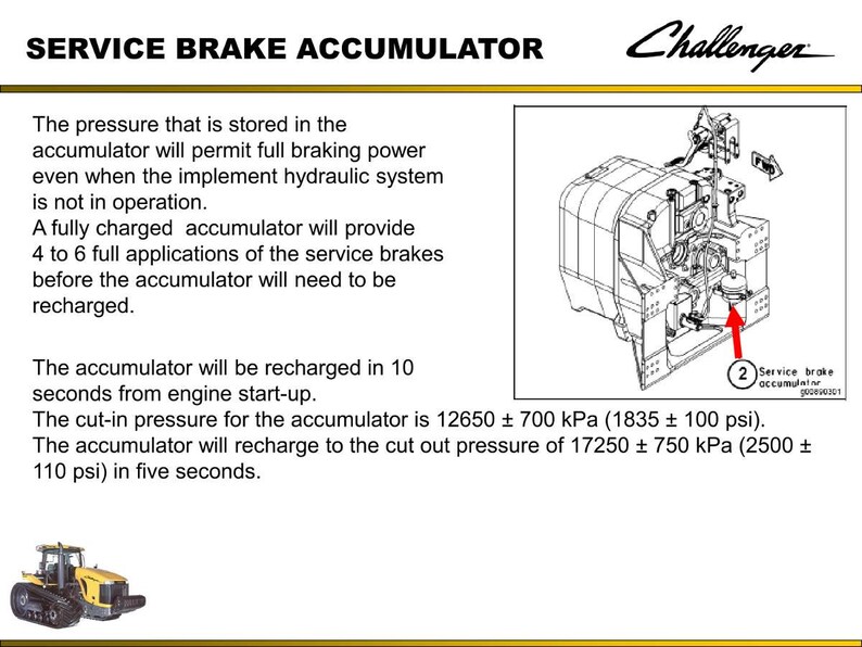 Op de afbeelding: Diagram van een service-remaccumulator met de tekst "SERVICE BRAKE ACCUMULATOR". De afbeelding toont technische details en drukmetingen in kPa en psi, met het Challenger-logo.