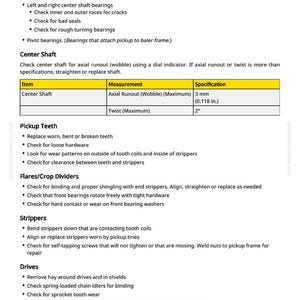 May include: A detailed technical document titled "Inspect Pickup Components" with a white background. The document lists various components to check for wear or damage, including bearings, seals, and teeth. Measurements are provided in millimeters and inches.